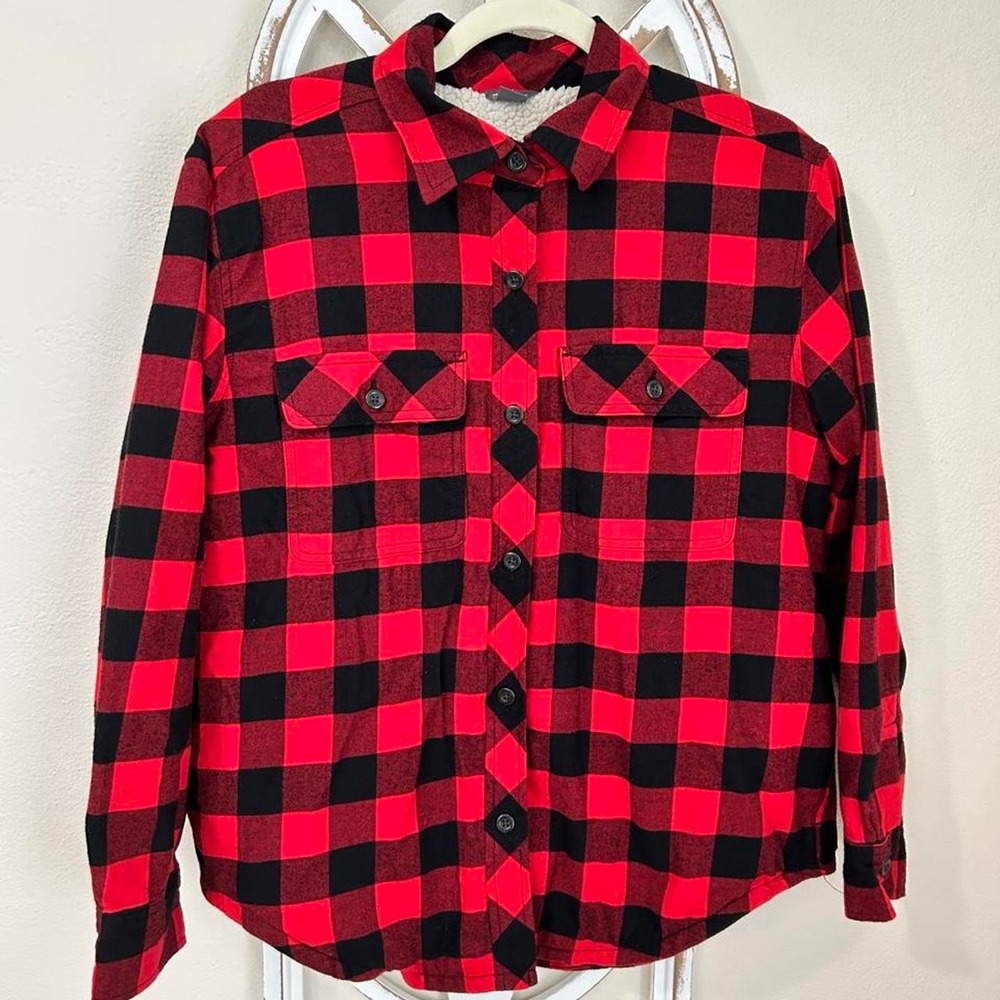 Eddie Bauer Women's Medium Buffalo Plaid Flannel Shacket Sherpa lined